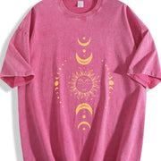Thick Loose Moon and Sun Vintage Washed T-Shirt in Red