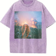 Glam Doll with a Fire Background Vintage Washed T-Shirt in Purple