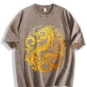 Retro Gold Chinese Dragon 90s Vintage Washed T-Shirt in Brown