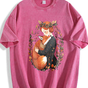Bohemian Fox Mom Warm Hug One-piece Vintage Washed T-Shirt in Red