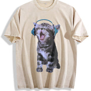 Y2K Headphones Cat Vintage Washed T-Shirt in Beige