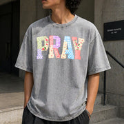 Pray Christian Faux Quilted Religious Vintage Washed T-Shirt in Gray