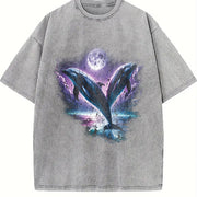 Two Dolphins Moon Ocean Mystical Dolfin Vintage Washed T-Shirt in Gray