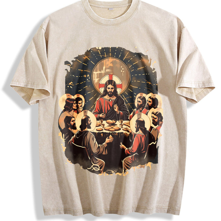 The Last Supper – Christian Jesus and Disciples vintage washed oversized T-shirt in Beige