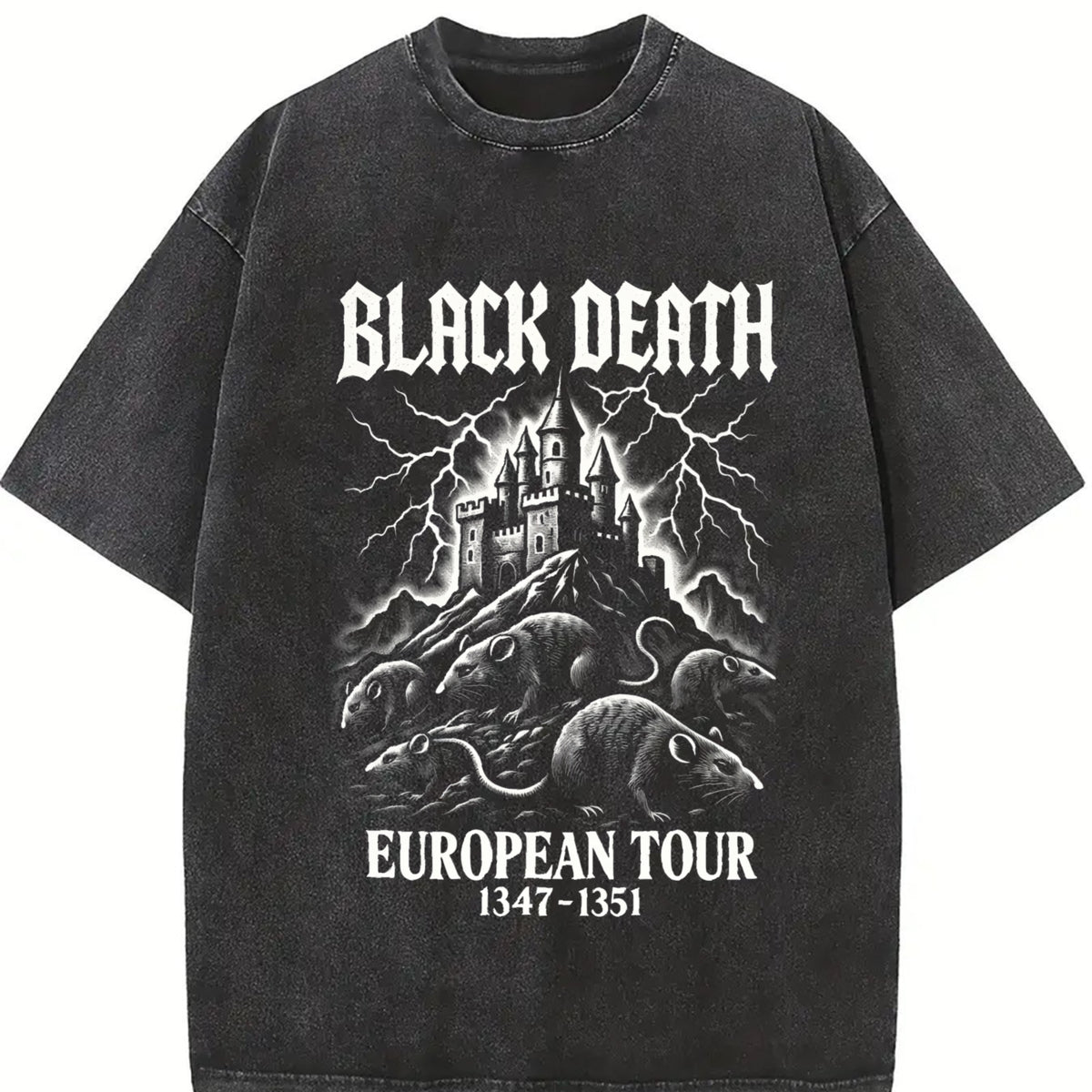 Black Death Gothic Plague Rats Castle Medieval Dark Humor Vintage Washed T-Shirt in Black