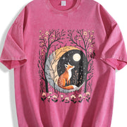 Sister Autumn Dead Tree Flowers Night Fox Appreciation Vintage Washed T-Shirt in Red