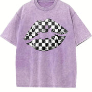 Black and White Checkered Lips Vintage Washed T-Shirt in Purple