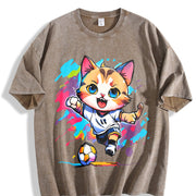 Cat Soccer Player Vintage Washed T-Shirt in Brown
