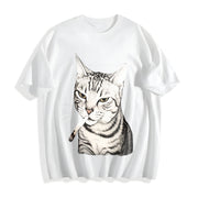 Cat Retro Pullover with Y2k Cotton T-Shirt in White