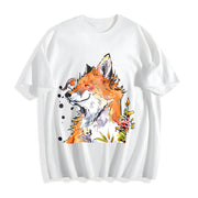 Watercolor Fox and Bird Floral Cotton T-Shirt in White