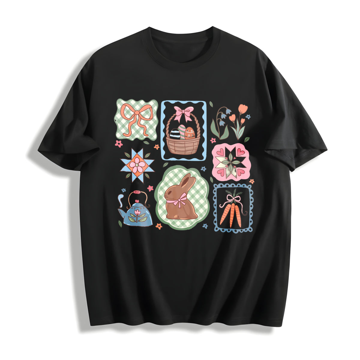 Coquette Bow Easter for Cute Bunnies Easter Cotton T-Shirt in Black
