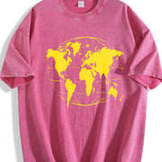 Yellow World Map Vintage Washed T-Shirt in Red
