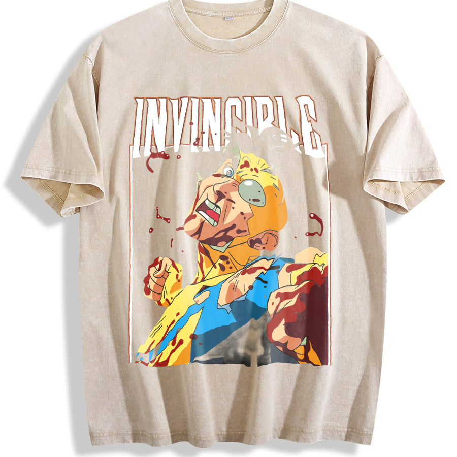 With Dark 'Invincible Comic Character And Text INVINCIBLE' vintage washed oversized T-shirt in Beige