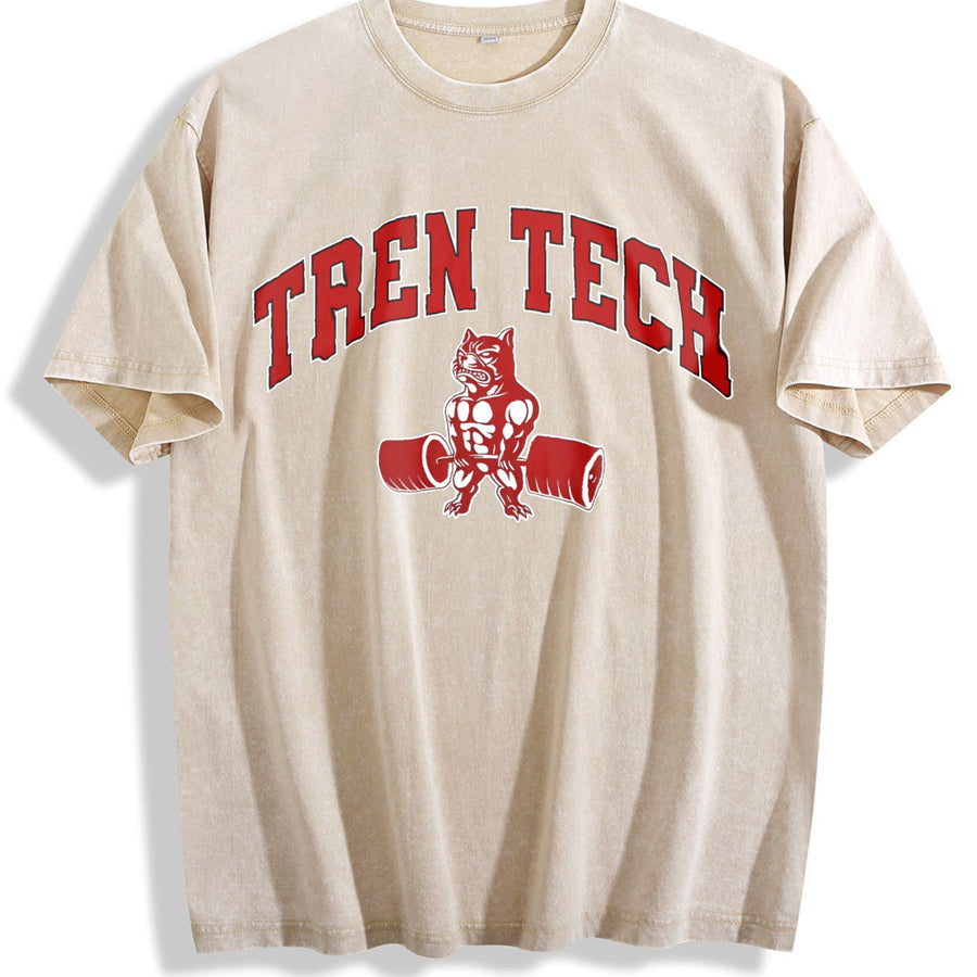 Tren Tech Muscular Bulldog Weightlifting Tank Vintage Washed T-Shirt in Beige