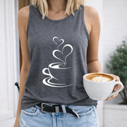 Sleeveless Tank with Cartoon Coffee Cup & Heart Women's Color Cotton Tank Top in Gray