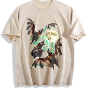 Bats Howling to Moon 90s Vintage Washed T-Shirt in Beige