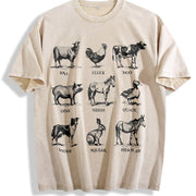 Retro Farm Animals Vintage Washed T-Shirt in Beige