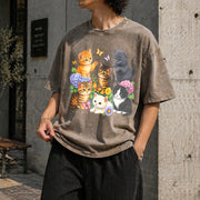 Retro Kitten 90s Cute Cats Pullover Vintage Washed T-Shirt in Brown