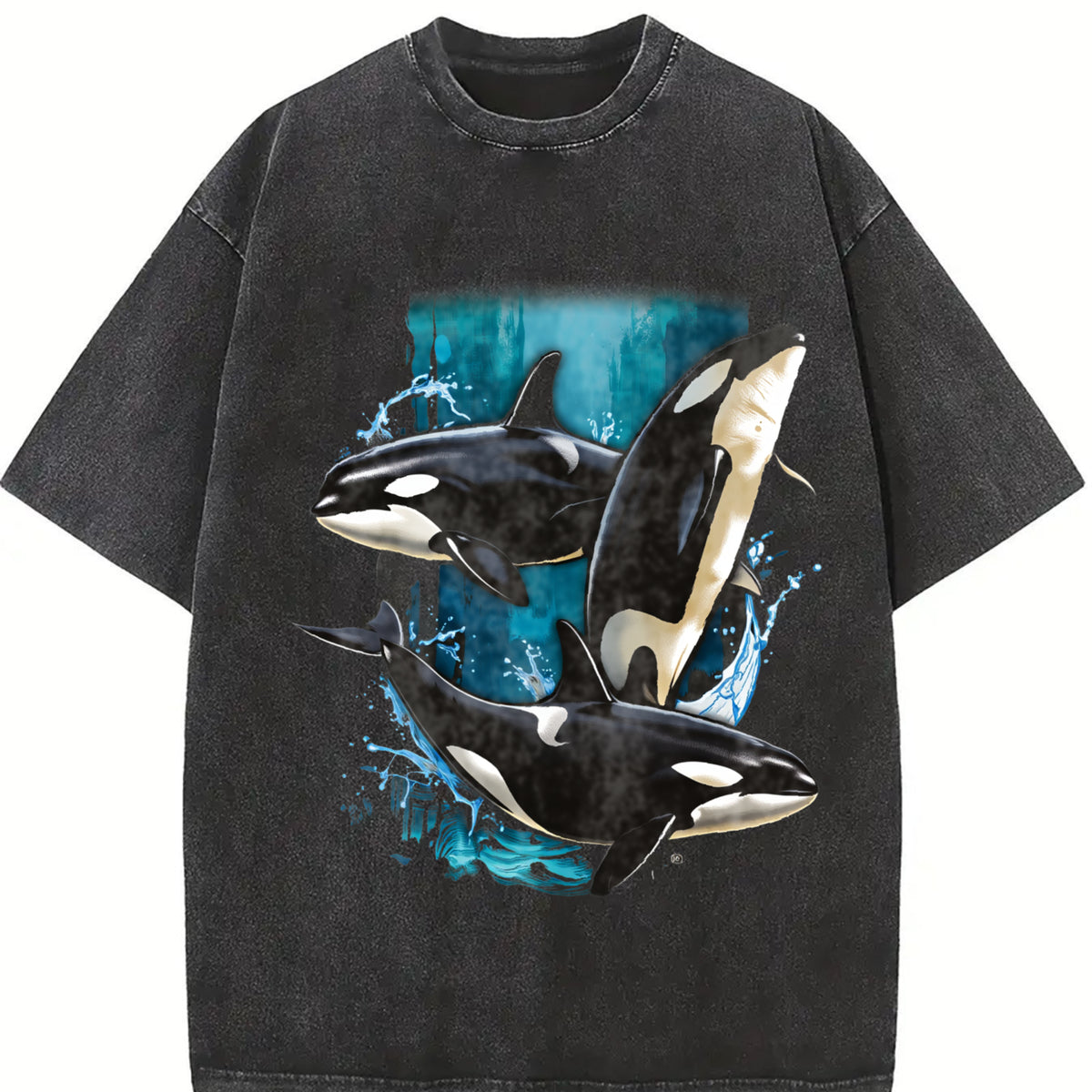 Orca Whale Retro Ocean Lover Vintage Washed T-Shirt in Black