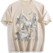 Wild Horses Retro Running Horse Vintage Washed T-Shirt in Beige