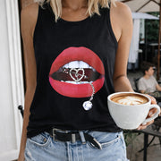 Lips & Chain Vest Sleeveless Racer Vest Women's Color Cotton Tank Top in Black