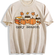 Books Lover Fall Pumpkin Season Vintage Washed T-Shirt in Beige
