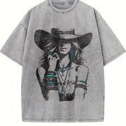 Boho Woman Hat Western Cowgirl Vintage Washed T-Shirt in Gray