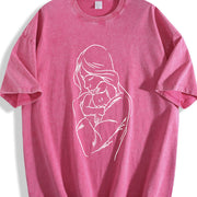 Mother and Child Line Art Vintage Washed T-Shirt in Red