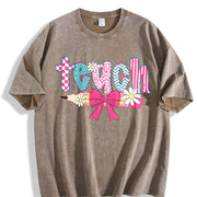Checkered Teacher Floral Coquette Teacher Vintage Washed T-Shirt in Brown