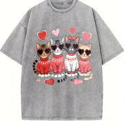 Valentine's Day: Winter a Cat with Heart-shaped Glasses Vintage Washed T-Shirt in Gray