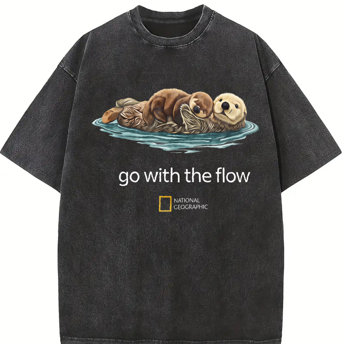 Cute Sea Otter Go with the Flow National Geographic Boxy Vintage Washed T-Shirt in Black