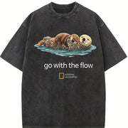 Cute Sea Otter Go with the Flow National Geographic Boxy Vintage Washed T-Shirt in Black