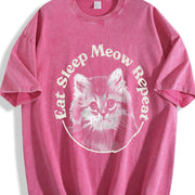 Eat Sleep Meow Repeat Cute Kitten Lovers for Ladies Cute Vintage Washed T-Shirt in Red