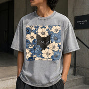 Black Cat Floral Vintage Washed T-Shirt in Gray