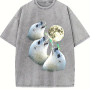 Baby Seal Moon Howling to Moon 90s Vintage Washed T-Shirt in Gray
