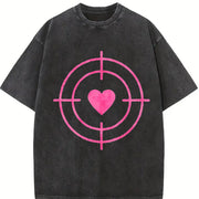Valentine's Day Pink Heart Bullseye Vintage Washed T-Shirt in Black