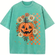 Retro Floral Pumpkin Vintage Washed T-Shirt in Blue