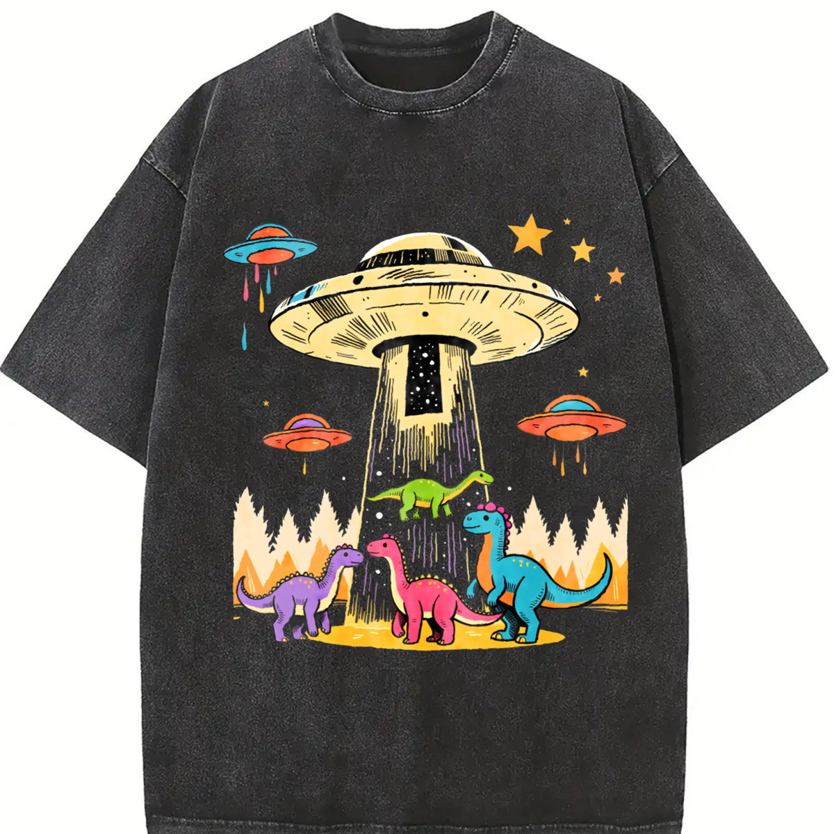 Mint Green Nostalgic Sci-fi Vintage Washed T-Shirt in Black