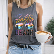 Salty Beach Sunglasses Palm Trees Sunset Crew-neck Women's Color Cotton Tank Top in Gray