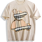 Cartoon Bear & Plaid for & Parties Bear vintage washed oversized T-shirt in Beige