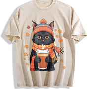 Black Cat with Hot Drink and Autumn Leaves Vintage Washed T-Shirt in Beige