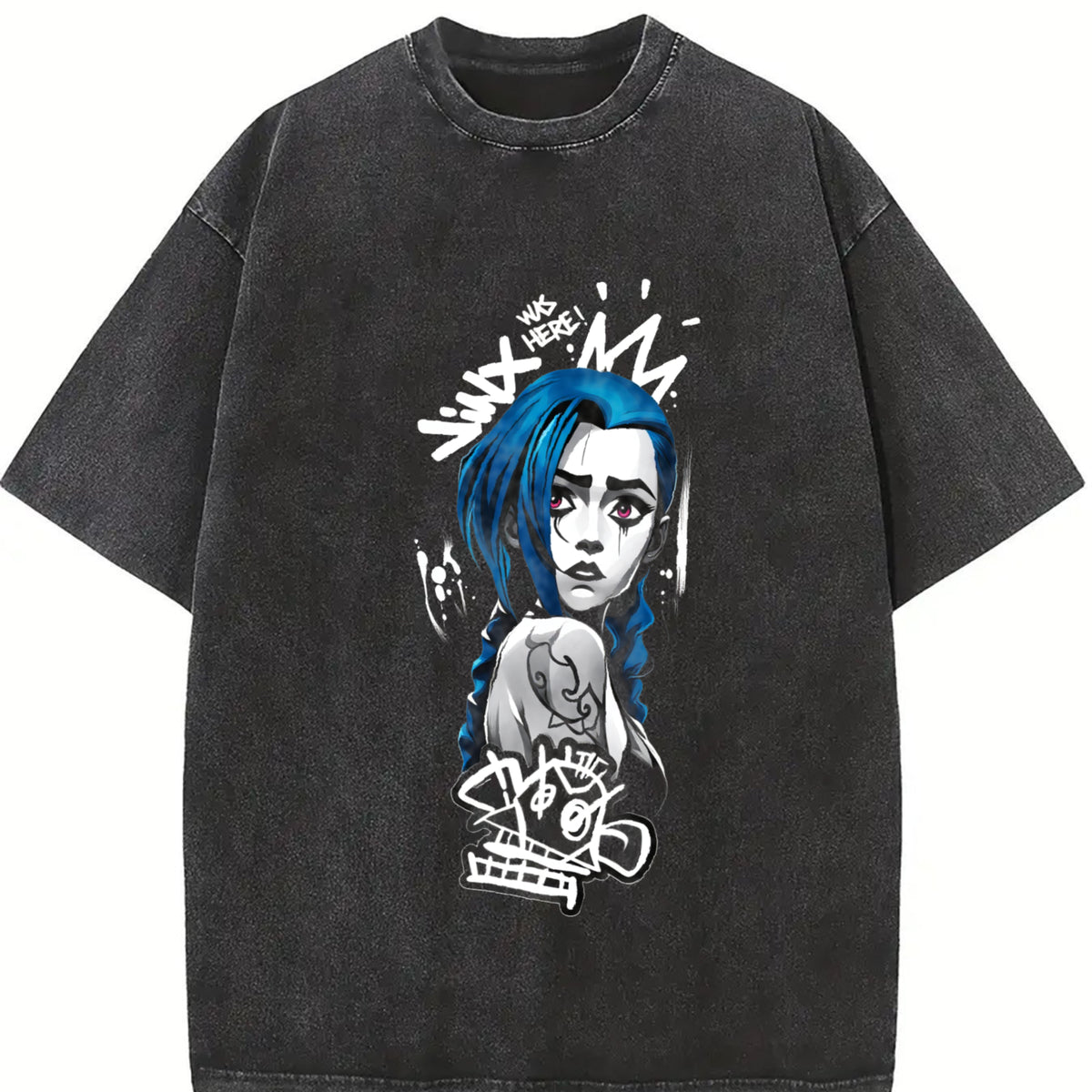 Retro Jinx x Powder Arcane: League of Legends Game vintage washed oversized T-shirt in Black