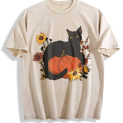 Halloween Holiday Animal Cat Floral Pumpkin One-piece Vintage Washed T-Shirt in Beige