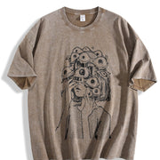 Distressed Short-sleeved American Retro Vintage Washed T-Shirt in Brown