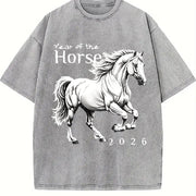 Galloping Horse Year of the Horse Vintage Washed T-Shirt in Gray