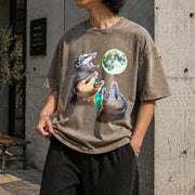 Three Possums Howling at Moon Vintage Washed T-Shirt in Brown