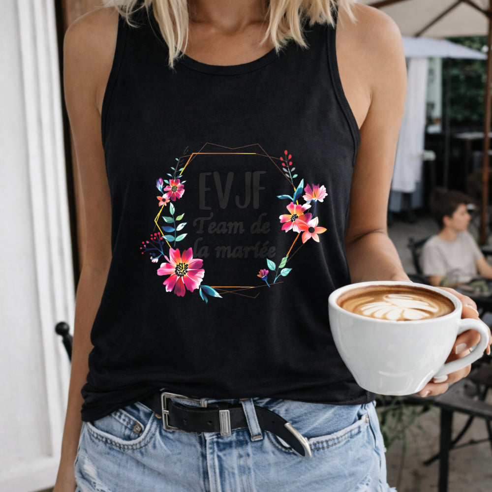Floral Frame Bachelorette Party Team of the Bride Women's Color Cotton Tank Top in Black