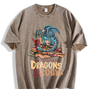 Blue Dragon Buried in Books Letter Vintage Washed T-Shirt in Brown