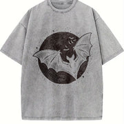 Retro Bats Moon 90s Vintage Washed T-Shirt in Gray