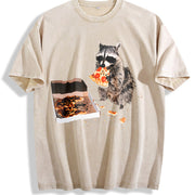 Raccoon Eating Pizza 90s Vintage Washed T-Shirt in Beige